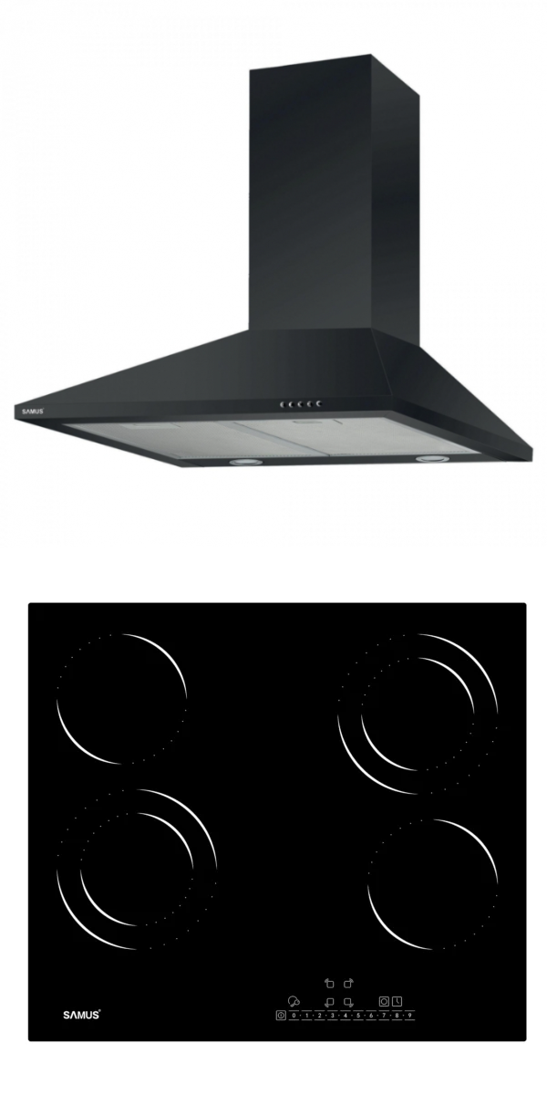 Hote Decorative - Pachet- Hota decorativa Samus HS630DLB, tip turn, 1 motor, latime 60 cm, filtru tip dublu caseta din aluminiu+Plita vitroceramica incorporabila Samus PSVE-64BG6, control touch, 9 trepte putere, indica