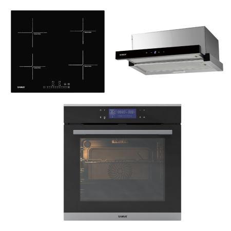 Pachete electrocasnice incorporabile - Pachet - Hota incorporabila Samus HS6061DTGX, 60 cm, putere 611 m³/h + Cuptor Electric 74L, Clasa A+, 13 Funcții, Autocurățare Catalitică + Plită cu inducție 4 zone Samus PSI-64BG7, 60 cm, 7000W
