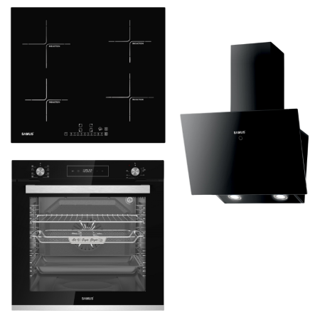 Electronice & Electrocasnice - Pachet Incorporabile - Cuptor electric incorporabil Samus SCE828GCF3D + Plita incorporabila inductie Samus PSI-64BG7 + Hota decorativa inclinata Samus HSI665DGB