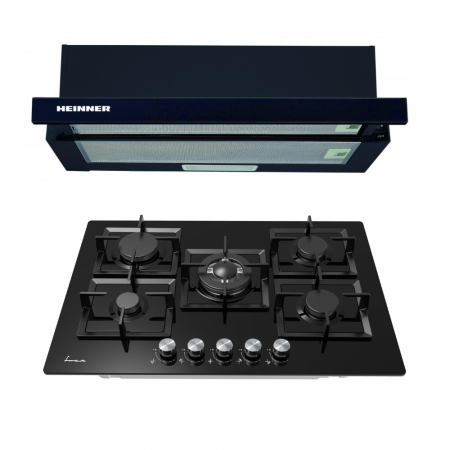 BUCATARIE - Pachet incorporabile FRAM & HEINNER - Plită pe gaz FRAM FBH-M705IWF-GBK 5 arzătoare, Aprindere electric, 75 cm, Sticlă Neagră + Hotă telescopică HEINNER HTCH-490GBK, absorbție 413.5 m³/h, latime 90 cm