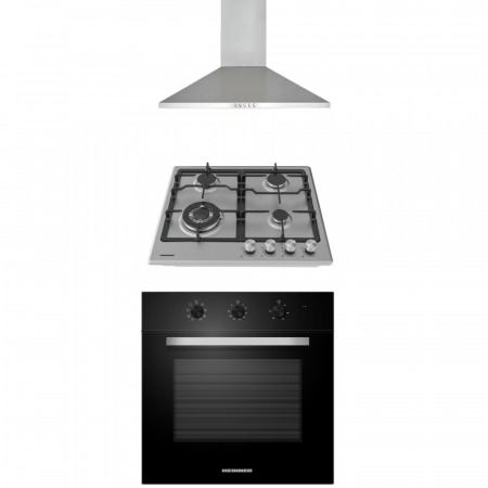 BUCATARIE - Pachet incorporabile HEINNER - Cuptor electric HBO-M659GC-GBK, Ventilatie, Timer, 60 cm, Negru + Plită gaz HBH-M495IWFIX, Wok, Aprindere electrica, 60 cm, Inox + Hotă piramidală 60 cm, absorbtie 429.4