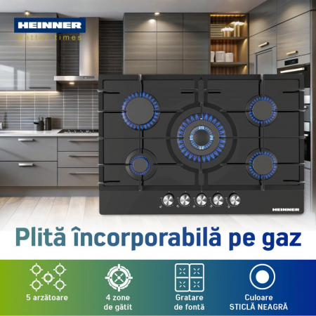 Pachet incorporabile HEINNER - Plită pe gaz HBH-M705IWFGBK 5 arzătoare, Aprindere electrica, 75 cm, Sticlă Neagră + Hotă telescopică HTCH-490GBK, absorbtie 413.5 m3/H, 90 cm Negru [6]