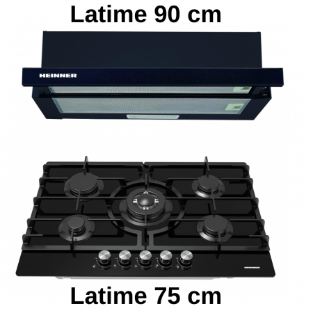 Pachet incorporabile HEINNER - Plită pe gaz HBH-M705IWFGBK 5 arzătoare, Aprindere electrica, 75 cm, Sticlă Neagră + Hotă telescopică HTCH-490GBK, absorbtie 413.5 m3/H, 90 cm Negru [1]