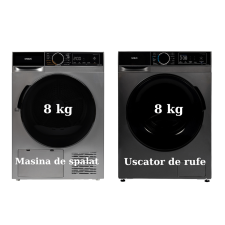 Masini de spalat rufe verticale - Pachet Mașină de spălat rufe Samus WSADI-8145DS + Uscător rufe Samus SADP-836DS, 8 kg + 8 kg, 1400 RPM, Motor Inverter, 15 Programe, Display, Abur, Pompa de căldură, Gri închis