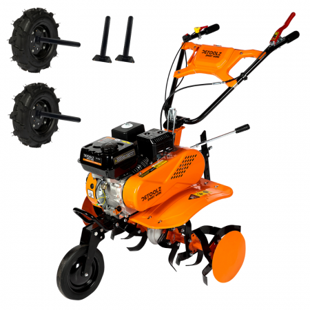 GRADINA - Pachet - Motocultor Detoolz 8cp 212cc, benzina 4T, 3 viteze, pornire manuala + 2 Roti de motocultor 400-8
