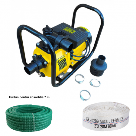 GRADINA - Pachet - Motopompa electrica DRK DSU-50, 2.2 KW, debit 28 m3/h, 2 tol + Furtun pentru absorbtie, 7 m + Furtun de pompier, 2 toli, 20m, 8 bari
