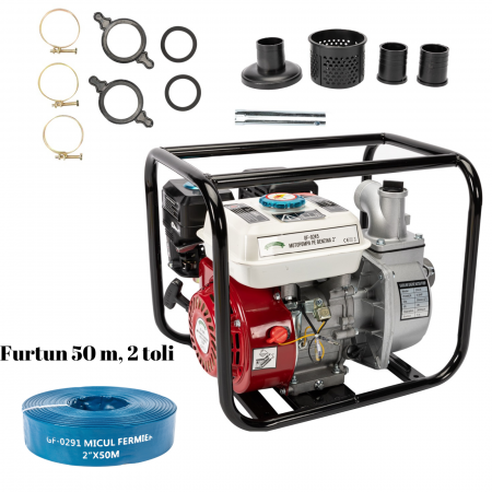 GRADINA - PACHET - Motopompa Micul Fermier, 2 toli, 6.5Cp, debit 500 l/min, Motor OHV, 4000 Rpm, Inaltime de refulare 23 m + Furtun apa refulare Flat PVC 2" 50M