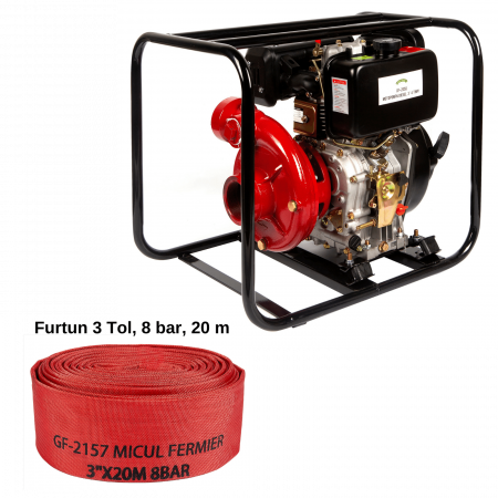 GRADINA - PACHET-Motopompa Micul Fermier pentru apa, diesel, 3 toli, 9,8 Cp, debit 45 mc/h, de presiune inalta, 4 timpi + Furtun pompier 3" 20m 8bar fara capete ROSU