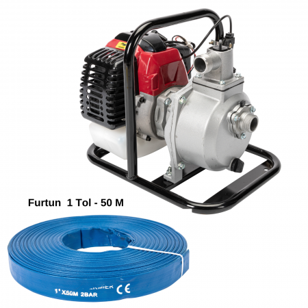PACHET - Motopompa pentru apa, motor 2 timpi, 1 tol, debit 250 l/min, 2Cp 1.5 kw + Furtun apa refulare Flat PVC 1" 50 MMicul Fermier