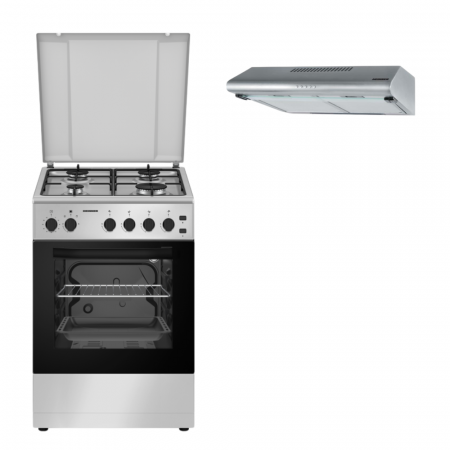 BUCATARIE - Pachet -  Pachet - Aragaz Heinner HFSC-S50LITG-SL, 4 arzatoare, Gaz + Diuze GPL, Aprindere electrica, Timer, Grill, 50 cm, Argintiu + Hotă Inox, 60 cm, 2 Motoare, 326.4 m³/h, LED
