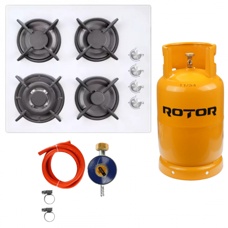 Aragazuri si plite - Pachet Plita Gaz Crystal White Venezia Studio Casa, Puterea arzătoarelor: 1000W-3000W, Material grătare: Fontă+ Butelie GPL 26L, Ceas Regulator, Furtun 2m și 2 Coliere