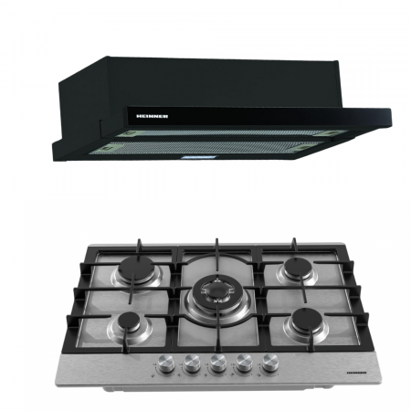 BUCATARIE - Pachet Plită HEINNER HBH-M705IWFIX, 5 zone, Gaz, Arzător Wok + Hotă telescopică HEINNER HTCH-490GBK, 90 cm, 413.5 m³/h, Negru