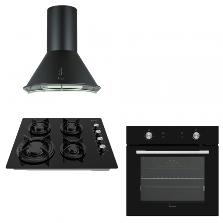 Pachete electrocasnice incorporabile - Pachet - Plita incorporabila Fram FBH-M4IRF-GBK, Gaz, 4 arzatoare + Cuptor incorporabil Fram FBO-V6510GCDRC-GBK, Electric, 69 l + Hota decorativa Fram FDH-660HRBK, Putere de absorbtie 589 m3/h