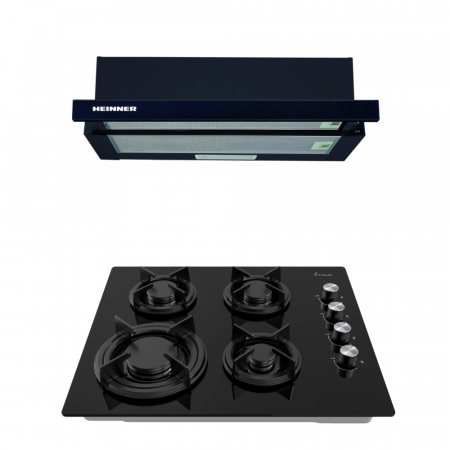 BUCATARIE - Pachet - Plită Incorporabilă FRAM FBH-M4IRF-GBK + Hotă Telescopică HEINNER HTCH-440GBK, Gaz, 4 Zone, Sticlă Neagră, Absorbție 325 m³/h, Negru