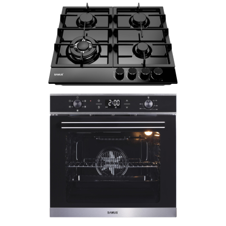 Electronice & Electrocasnice - Pachet - Plita Incorporabila Gaz Samus PSG-64SMB1, 58 cm, 4 Arzatoare, Gratare Fonta + Cuptor Incorporabil Samus SC625GDX5, 75 L, 2000 W, Clasa A