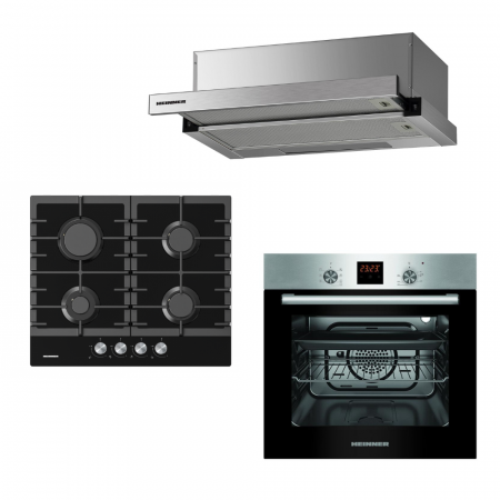 BUCATARIE - Pachet - Plită încorporabilă Heinner HBH-M421IRFGBK + Hotă telescopică HTCH-F400IX + Cuptor încorporabil Heinner inox, electric, 7 funcții, 60L