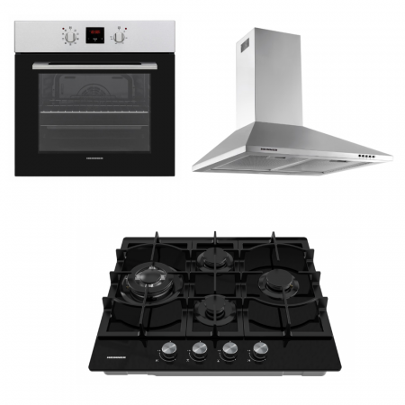 BUCATARIE - Pachet - Plită Incorporabilă HEINNER HBH-M452IWFGBK + Cuptor Incorporabil HEINNER HBO-V659GCD-IX, 9 funcții, 70 L+ Hota Decorativă HEINNER DCH-450X, absorbție 399.9 m³/h, 60 cm, Inox