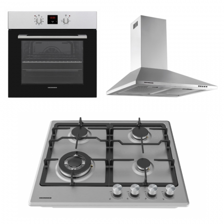 BUCATARIE - Pachet - Plită Incorporabilă HEINNER HBH-M495IWFIX,  Inox + Cuptor Incorporabil HEINNER HBO-V659GCD-IX, 70 L, 9 funcții + Hota Decorativă HEINNER DCH-450X, absorbție 399.9 m³/h,60 cm