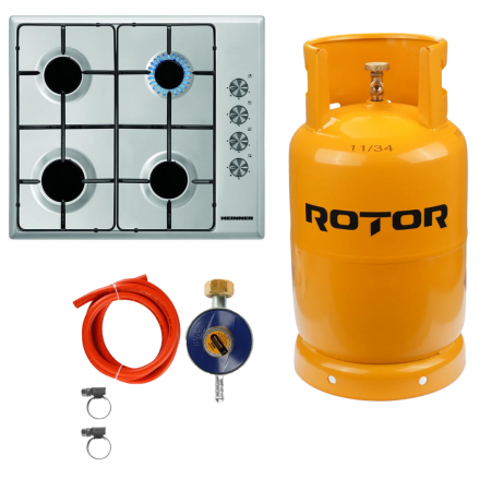BUCATARIE - Pachet Plita incorporabila Heinner HBH-S584I-IX, Gaz, 4 Arzatoare, Aprindere electrica, Inox cu Butelie GPL 26L, Ceas Regulator, Furtun 2m și 2 Coliere