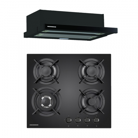 BUCATARIE - Pachet - Plita incorporabila Heinner HBH-V4IWFGBK, Gaz, 4 arzatoare, Arzator wok + Hota incorporabila telescopica Heinner HTCH-490GBK, 1 Motor, Putere de absorbtie 413.5 m3/H, Lumina LED, 90 cm, Negru
