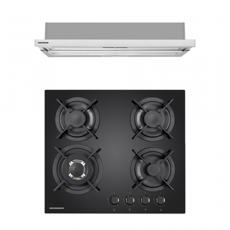 BUCATARIE - Pachet - Plita incorporabila Heinner HBH-V4IWFGBK, Gaz, 4 arzatoare, Arzator wok + Hota incorporabila telescopica Heinner HTCH-490IX, 1 Motor, Putere de absorbtie 413.5 m3/H, Lumina LED, 90 cm, Inox