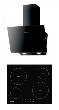 Hote Telescopice - Pachet - Plita incorporabila inductie Samus PSI-64BG8, panou touch control, 9 trepte putere, Neagra + Hota decorativa inclinata Samus HSI665DGB, latime 60 cm, filtru de grasime din aluminiu, Neagra