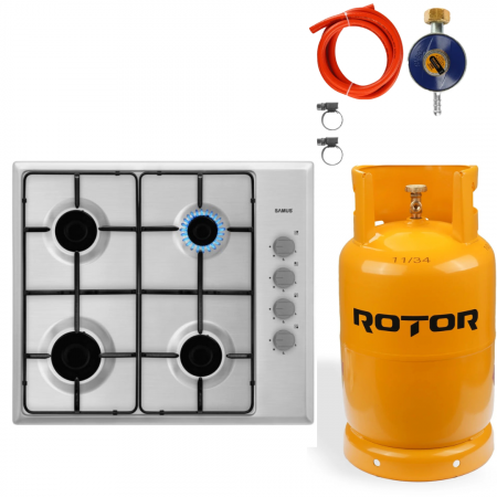 BUCATARIE - Pachet Plita incorporabila Samus PS646GXS, 4 arzatoare, Aprindere electrica, Inox+ Butelie GPL 26L, Ceas Regulator, Furtun 2m și 2 Coliere