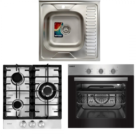 Aragazuri si plite - Pachet Plita incorporabila Samus PSG-43SX1+ Cuptor incorporabil SC616GTXV+ Chiuveta de bucatarie din inox MIXXUS, Dimensiune intreaga 600mm x 600mm