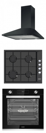 Hote Telescopice - Pachet - Plita incorporabila Samus PSG-64SB, 4 arzatoare, aprindere electrica, Neagra + Cuptor incorporabil Samus SCE827GCF, 7 Functii, Negru + Hota decorativa Samus HS630DLB, latime 60 cm, Neagra