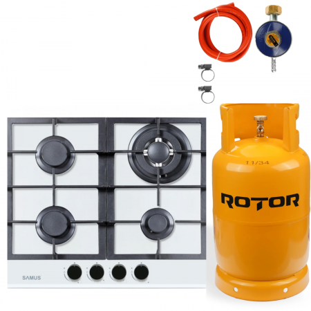 BUCATARIE - Pachet Plita incorporabila Samus PSG-64SG3 WH, 4 arzatoare, arzator Wok, aprindere electrica, dispozitiv siguranta arzatoare+ Butelie GPL 26L, Ceas Regulator, Furtun 2m și 2 Coliere