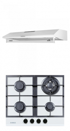 Hote Telescopice - Pachet- Plita incorporabila Samus PSG-64SG3 WH, 4 arzatoare,suport sticla, Alba + Hota clasica Samus SM92A Eco+, tehnologie Eco+, Alba