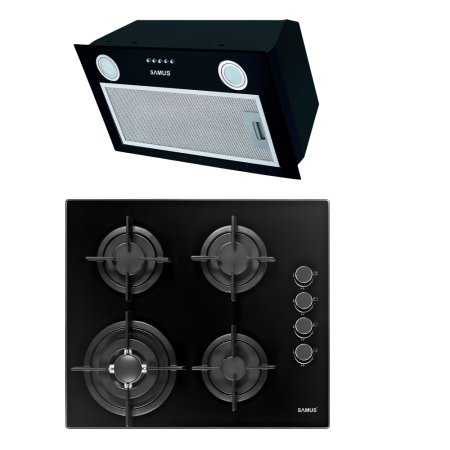 Electronice & Electrocasnice - Pachet- Plita incorporabila Samus PSG-64SG6, 4 arzatoare, aprindere electrica, Neagra + Hota incorporabila Samus HS5232B, latime 52,5 cm, 3 trepte, Neagra