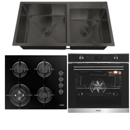Aragazuri si plite - Pachet Plita incorporabila Samus PSG-64SG6+ Cuptor incorporabil Samus SC626GDX9+ Chiuveta de bucatarie din inox MIXXUS, Culoare NANO-BLACK, Dimensiune 780 x 490mm