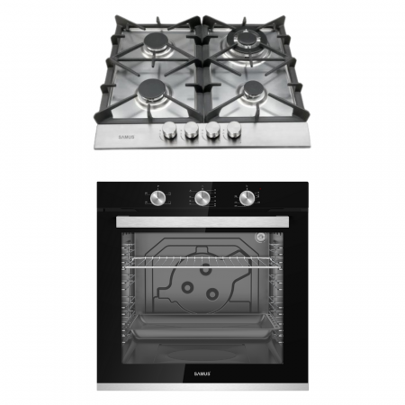 Aragazuri si plite - Pachet - Plita incorporabila Samus PSG-64SX7, 4 arzatoare, 1 arzator Wok + Cuptor incorporabil Samus SC840GT, clasa energetica A, 4 functii, grill, timer mecanic, 2400 W, negru