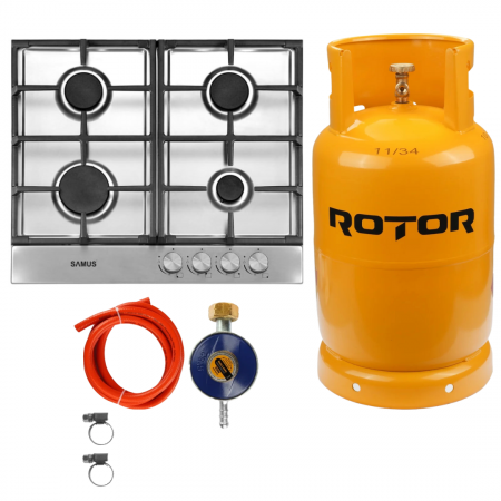 BUCATARIE - Pachet Plita incorporabila Samus PSG-64SX8, 4 arzatoare, aprindere electrica, sistem siguranta la arzatoare, panou frontal cu Butelie GPL 26L, Ceas Regulator, Furtun 2m și 2 Coliere