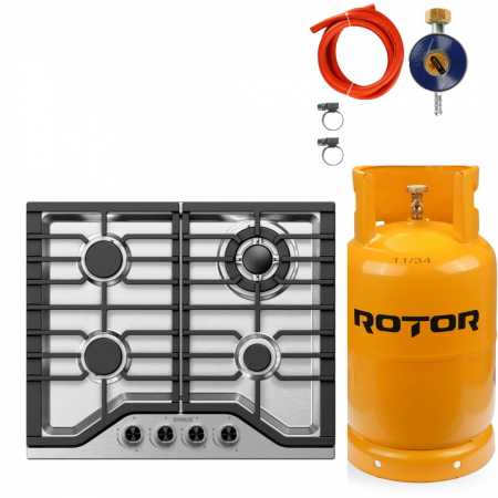 BUCATARIE - Pachet Plita incorporabila Samus PSG-64SX9, 4 arzatoare, arzator Wok, aprindere electrica, dispozitiv siguranta arzatoare+ Butelie GPL 26L, Ceas Regulator, Furtun 2m și 2 Coliere