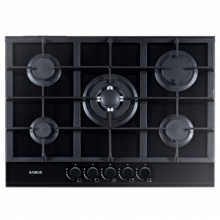 Pachet Plita incorporabila Samus PSG-75SG, 5 arzatoare, 1 arzator Wok, aprindere electrica, sistem siguranta la arzatoare, gratar fonta, Negru+ Butelie GPL 26L, Ceas Regulator, Furtun 2m și 2 Coliere [1]