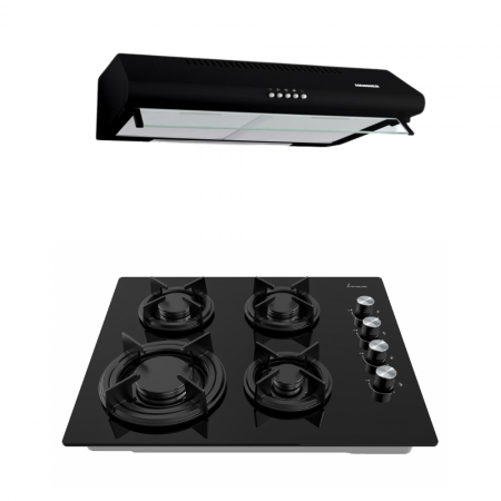 BUCATARIE - Pachet - Plită pe gaz FRAM FBH-M4IRF-GBK 4 arzătoare Sticlă Neagră + Hotă tradițională HEINNER CH-400-BK Neagră, 2 motoare, 60 cm