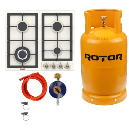 Aragazuri si plite - Pachet Plită retro incorporabilă gaz Samus PSG‑64VS2, 4 arzătoare (inclusiv WOK), aprindere electrică, grătare fontă,  58 cm cu Butelie GPL 26L, Ceas Regulator, Furtun 2m și 2 Coliere