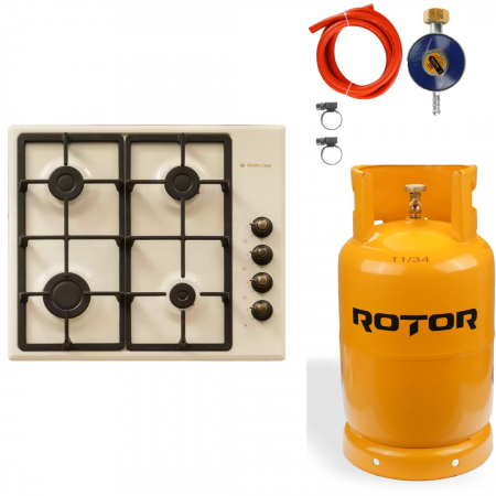 Aragazuri si plite - Pachet Plita Rustica Gaz, Incorporabila, 4 Arzatoare gaz, Studio Casa Dolce Vita PDV60, Gratare fonta, Aprindere electrica+  Butelie GPL 26L, Ceas Regulator, Furtun 2m și 2 Coliere