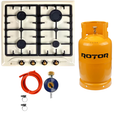 Aragazuri si plite - Pachet Plita Rustica Gaz, Incorporabila,4 Arzatoare, Studio Casa PG660 Avena POSITANO+ Butelie GPL 26L, Ceas Regulator, Furtun 2m și 2 Coliere