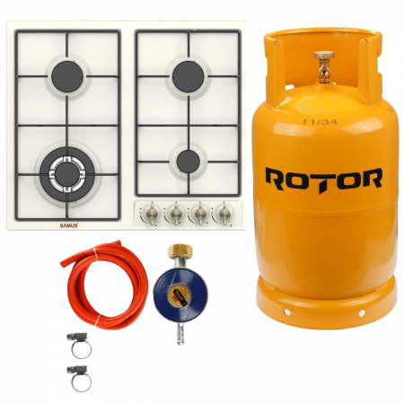 BUCATARIE - Pachet Plită rustică incorporabilă gaz Samus PSG‑64VS3, 4 arzătoare (WOK), aprindere electrică, grătare metalice  cu Butelie GPL 26L, Ceas Regulator, Furtun 2m și 2 Coliere