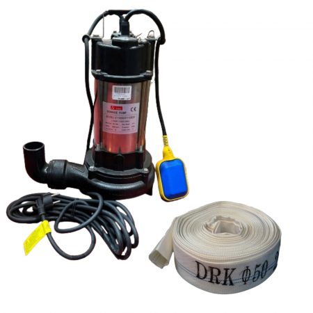 Pompe de apa murdara - Pachet -  Pompa DRK V1100DF, pentru apa murdara ( fosa wc ),  cu tocator, 2 toli, 1100W, debit 300l/min + Furtun pompier 20m