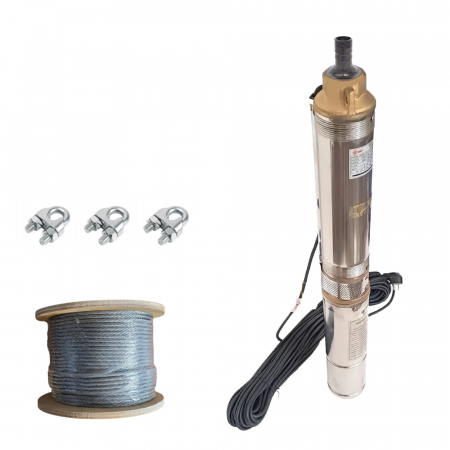 Pompe submersibile - Pachet - Pompa submersibila DRK, Model 4STM4-8, putere 1.5 kW, 8 turbine, debit 5m3/h + Rola cablu din otel zincat, 25m + 3 Bride
