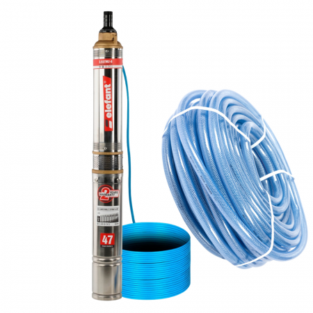 Pompe submersibile - Pachet - Pompa submersibila ELEFANT, 8 turbine, debit 2.6 m3/h, 3.5STM2-8, 370 W, inox +  Furtun apa transparent cu insertie 1 tol, Ø32 - 50 m