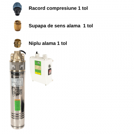Pachet - Pompa submersibila Micul Fermier, putere 1.3kW, debit 3000l/h, inaltime maxima pompare 60m + Supapa + Niplu + Racord 1 tol [1]