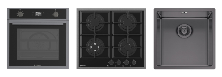 Aragazuri si plite - Pachet Pyramis 22P PVD Metal Gun – cuptor electric 64L, 8 funcții, AirFry, Rotisor, plită gaz 4 arzătoare cu wok și fontă, chiuvetă inox, finisaj PVD și sticlă neagră