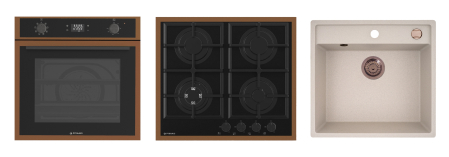 Aragazuri si plite - Pachet Pyramis 23P PVD Cooper – cuptor electric 64L, 8 funcții, AirFry, Rotisor, plită gaz 4 arzătoare cu wok și grătare fontă, chiuvetă granit, finisaj PVD și sticlă neagră
