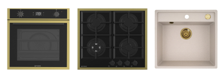 Aragazuri si plite - Pachet Pyramis 23P PVD Gold – cuptor electric 64L, 8 funcții, AirFry, Rotisor, plită gaz 4 arzătoare cu wok și grătare fontă, chiuvetă granit, finisaj PVD și sticlă neagră