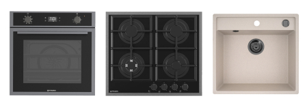 Aragazuri si plite - Pachet Pyramis 23P PVD Metal Gun – cuptor electric 64L, 8 funcții, AirFry, Rotisor, plită gaz 4 arzătoare wok, chiuvetă granit, finisaj PVD și sticlă neagră
